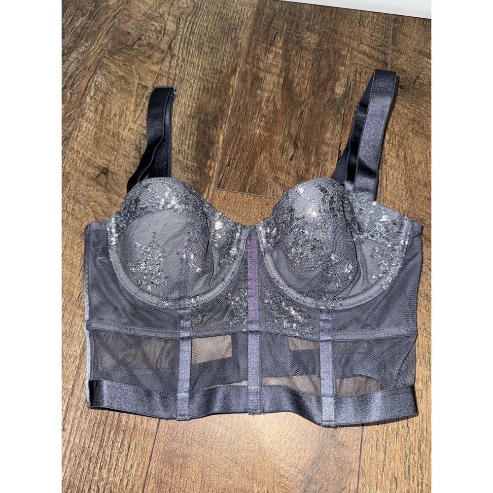 Victoria's Secret Very Sexy Lined Balconet Long Line Bra‎ Gray Shimmer Lace 32B